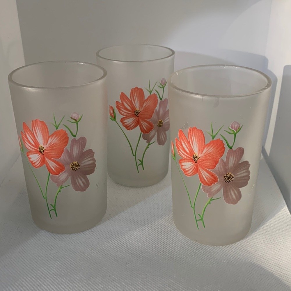 Set of 3 Vintage Frosted glasses with coral & purple flowers